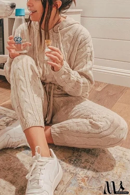 MidiSono - Solid Color Hooded Collar Knitted Pants Set