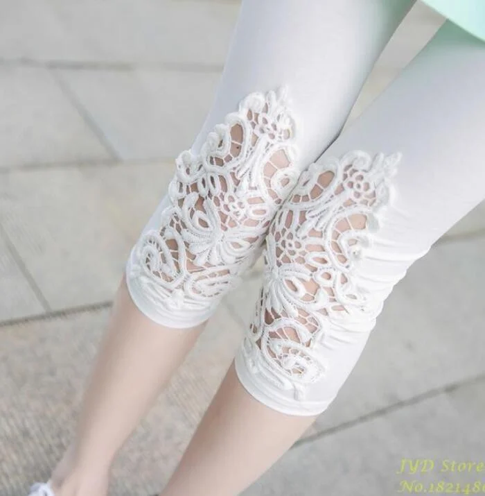 CUHAKCI Fitness Leggins Short Leggings Women Summer Lace Floral Female Casual Capris Hollow Out Slim White Black