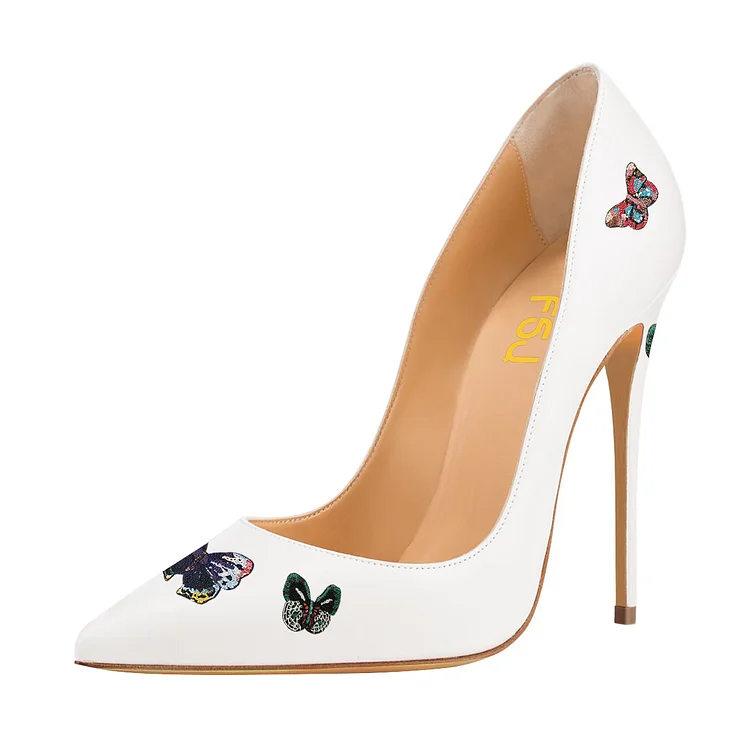 Women's Pointed Toe Stiletto Heel Butterfly Pumps Shoes in White |FSJ Shoes