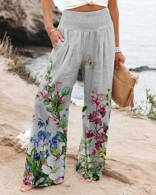 Women's Floral Cotton Linen Loose Pants