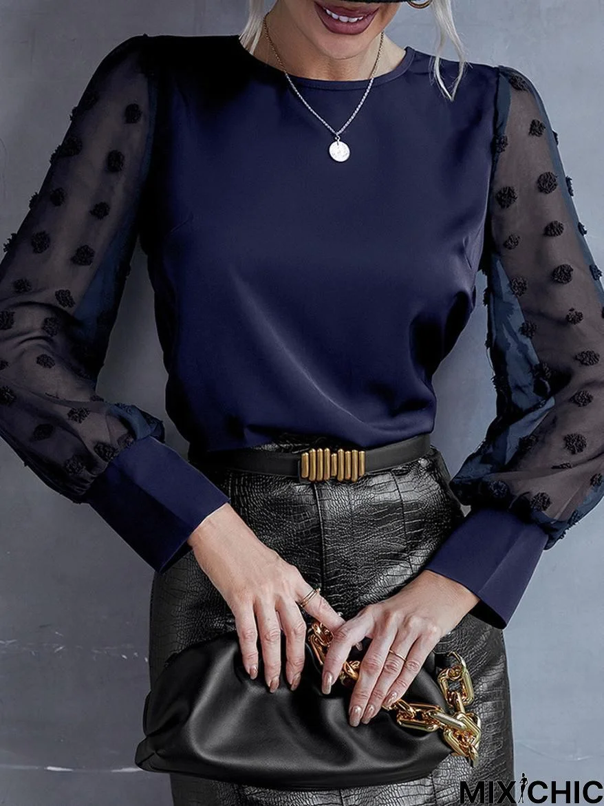 Round Neck Solid Color Polka Dot Long Sleeve T-Shirt