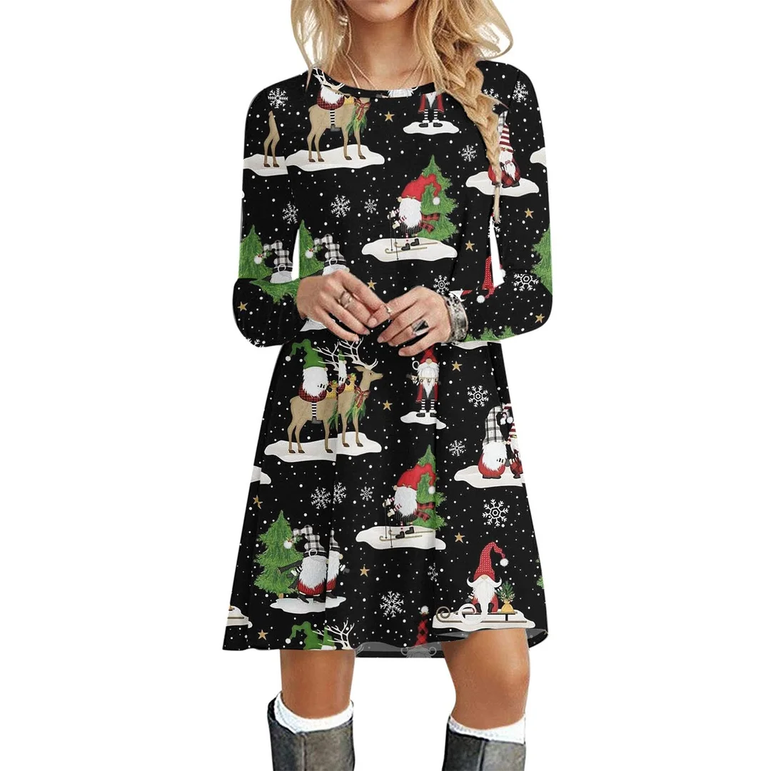 Women's Dress Round Neck Long Sleeve Christmas Printed Swing Dress