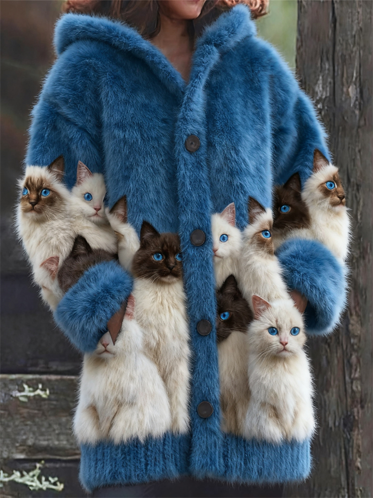 Classy Fuzzy Cats Art Cozy Knit Hooded Cardigan wearshes