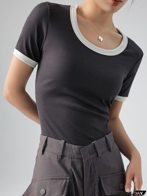 Short Sleeves Skinny Contrast Color Round-Neck T-Shirts