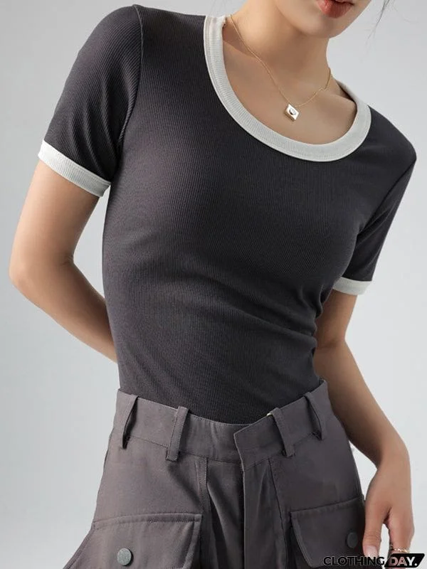 Short Sleeves Skinny Contrast Color Round-Neck T-Shirts