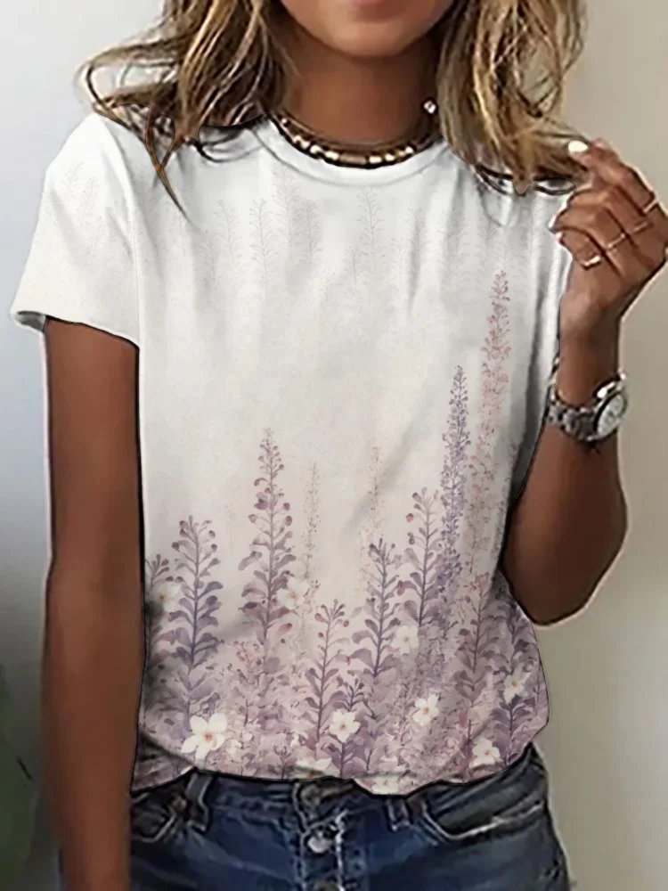 Printed Short Sleeve Casual T-shirt for  Women and Men Unisex Pattern Floral, Pink, Light Purple