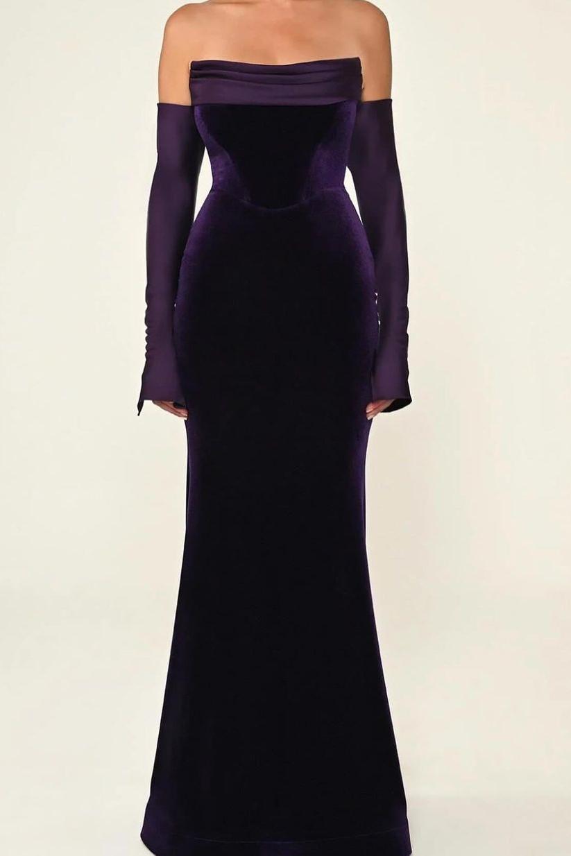 Lvs&Broner Purple Strapless Mermaid Long Prom Dress With Detachable Sleeves