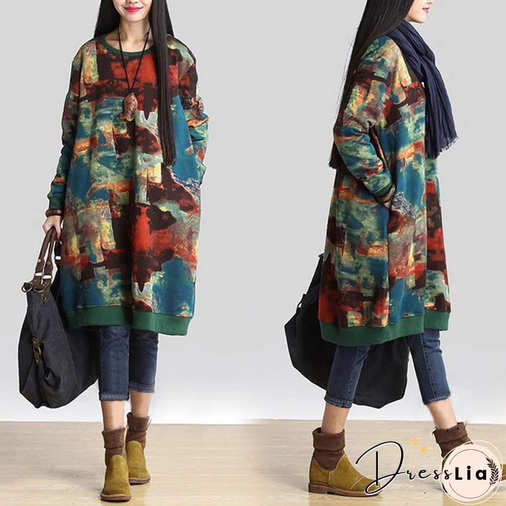 Autumn Winter Women Printed Midi Dress Tunic Long Sleeve Pockets Warm Vintage Casual Loose Long Sweatshirt Dress Plus Size
