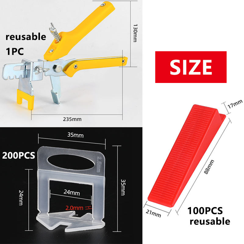 مجموعة نظام تسوية البلاط مع زرادية واحدة للبلاط، و200 قطعة من مشابك فواصل البلاط مقاس 2 مم و100 قطعة من إسفين مستوى البلاط القابل لإعادة الاستخدام