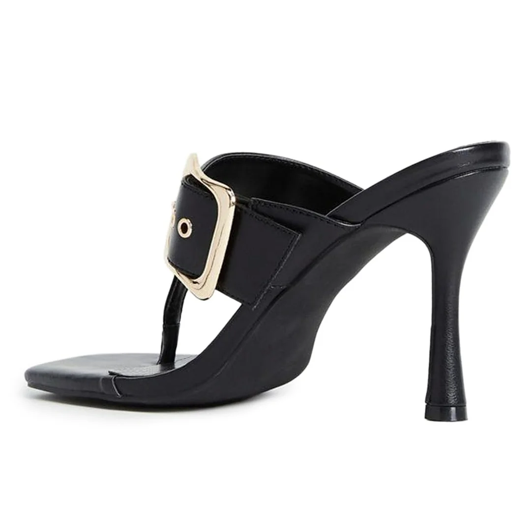 Black Square Toe Stiletto Heel Buckle Flip Flops Mules for Women