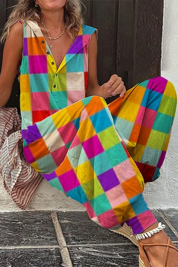 Vintage Color Check Sleeveless Hoodie Jumpsuit