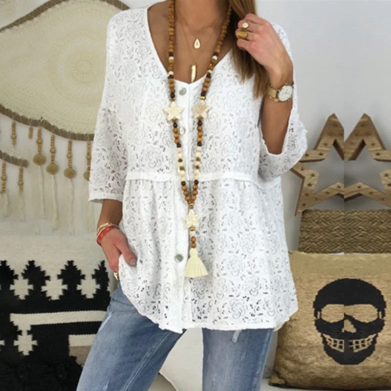 Christmas Gift V-neck White Black Lace Loose Blouse And Tops Women Plus Size 5xl 2021 Spring Summer Casual Shirt Buttons Woman Clothes