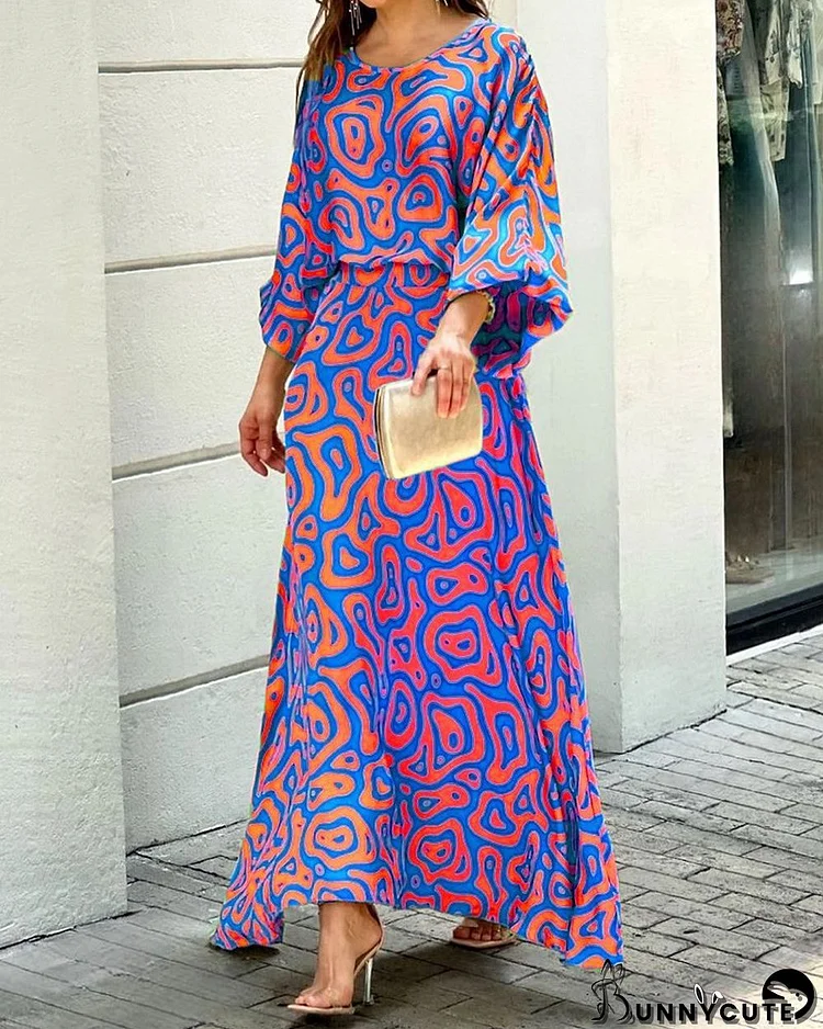 Women Loose Print Long Sleeve Top+Long Dress Two Piece Set