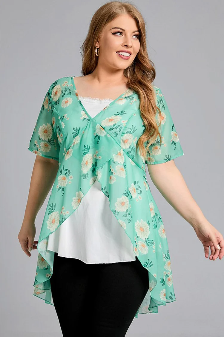 Flycurvy Plus Size Casual Green Floral Ruffle Two Piece Blouses  Flycurvy [product_label]