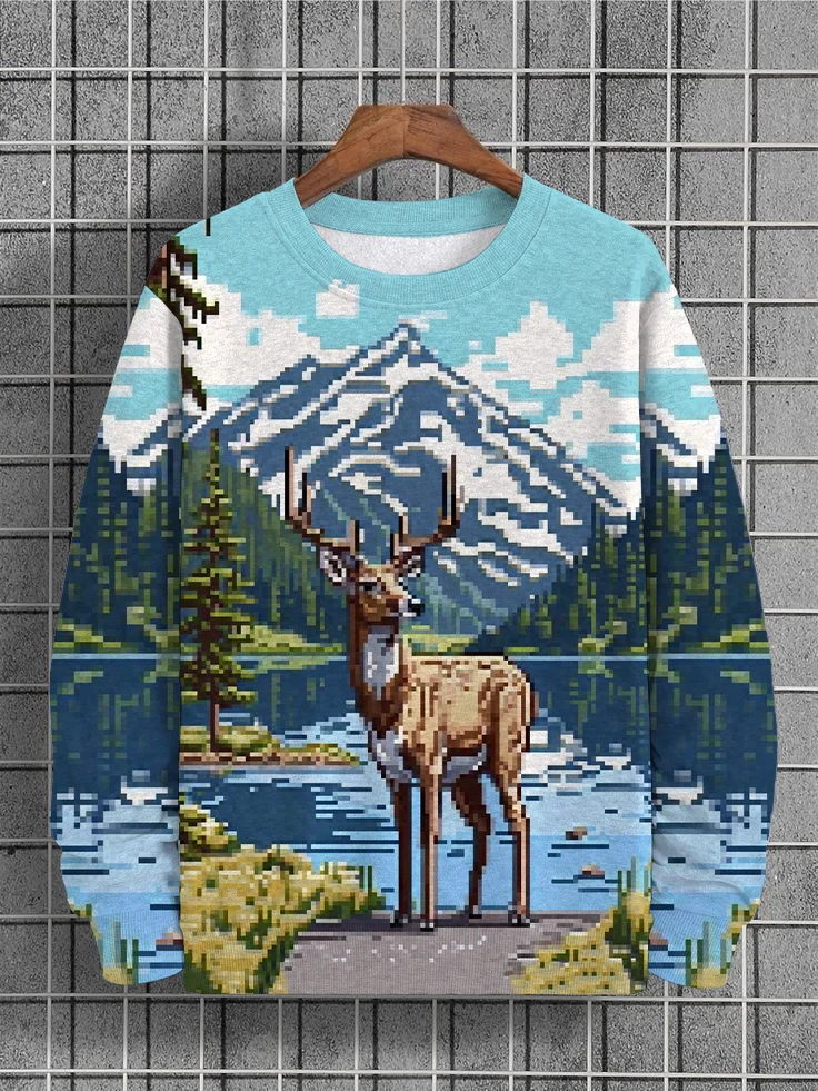 Men's Deer Lake Mountains Tree Pixel Style Print Casual Sweatshirt