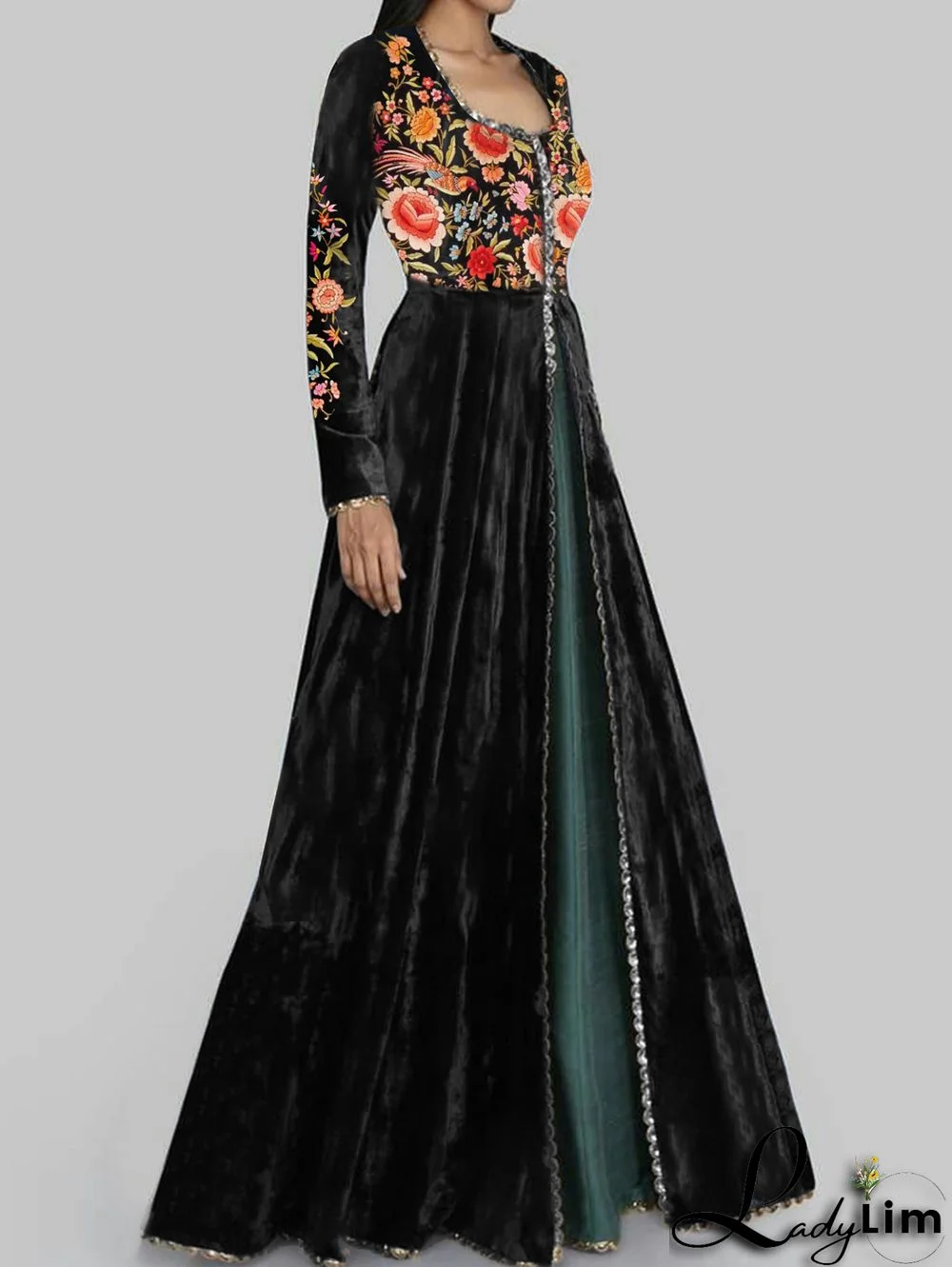 UR Elegant Floral U Neck Shirred Waist Slit Velvet Maxi Dress