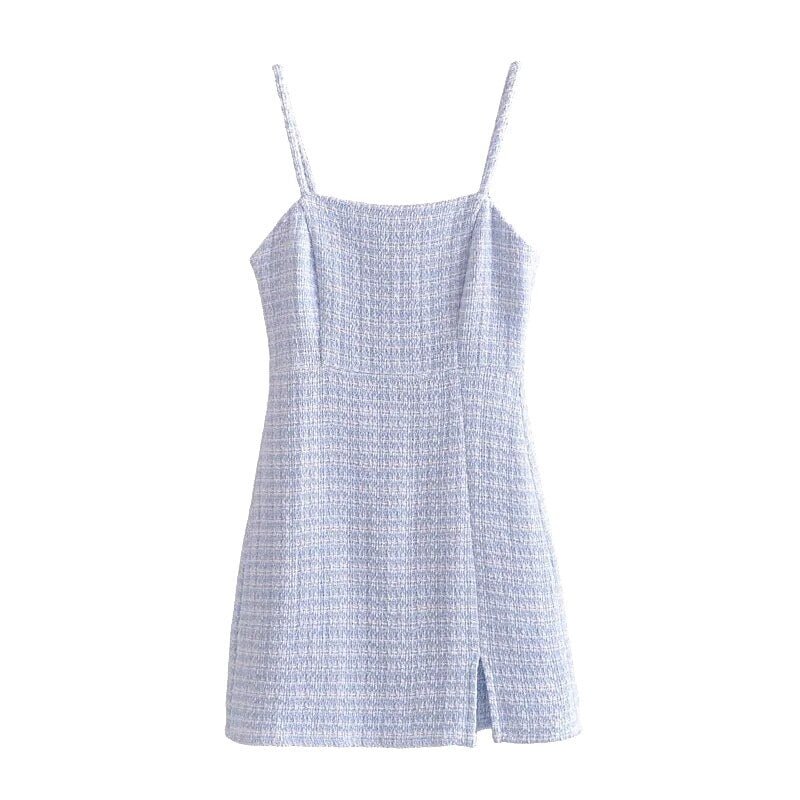 TRAF Women Chic Fashion Front Slit Hem Tweed Mini Dress Vintage Backless Zipper Thin Straps Female Dresses Vestidos