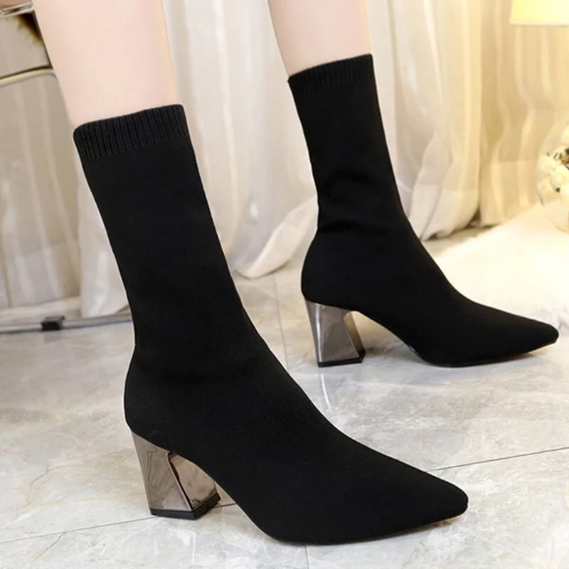 Women Black Boots Elegant Pointed Toe 2020 Fashion Spring Autumn Comfortable Stretch Boots Chunky Sexy High Heels Women Shoes