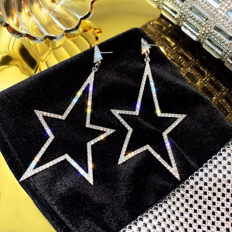 Crystal Rhinestone Hollow Five-pointed Star Hanging Earring