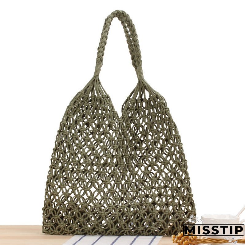Paziye Shoulder Woven Bag Handbag Handmade Cotton Rope Net Bag Beach Bag