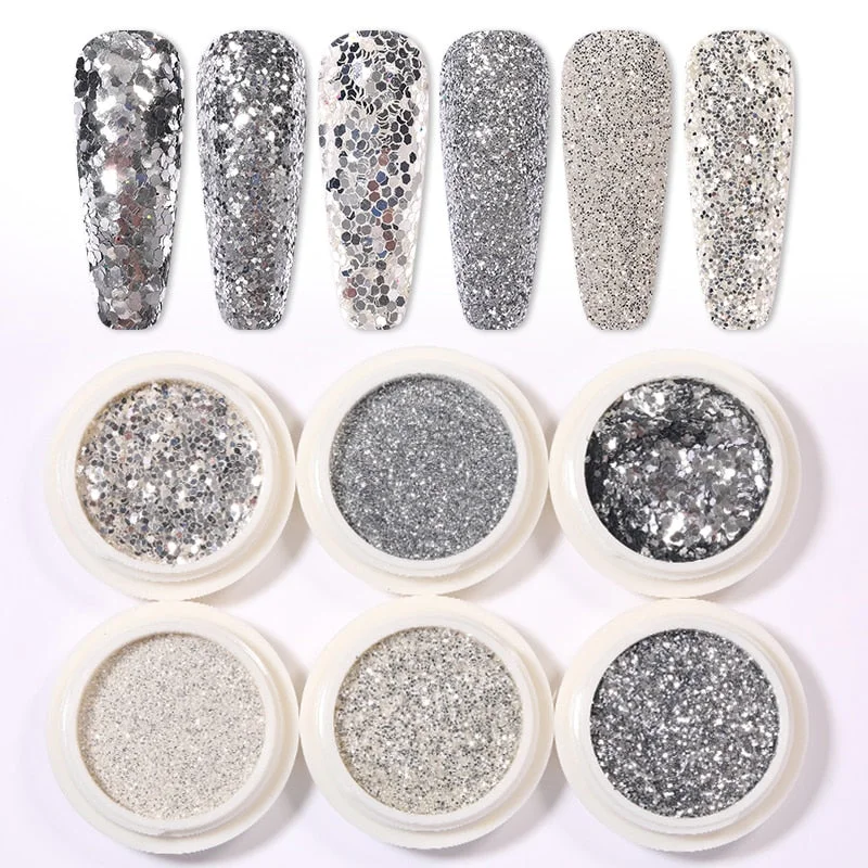 6Boxes/Set Nail Glitter Blue Grey Colorful iridescent Powder Shiny Sparkles Nail Art Sequins Pigment Flakes Dust 3D Decoration