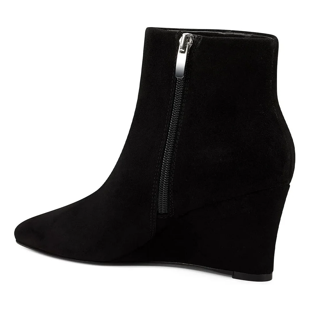 Vegan Suede Pointed Toe Wedge Heel Zipper Short Booties in Black