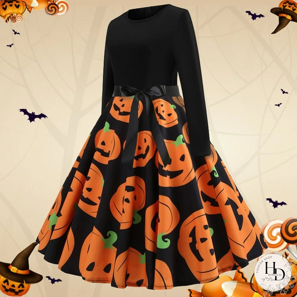 8 Colors Halloween Pumpkin Ghost Skull 3d Print Dresses Santa Claus Christmas Tree Printed Flared Swing Dresses Long Sleeve Ruched Gown Dress Xmas Festival Vestido de Mujer