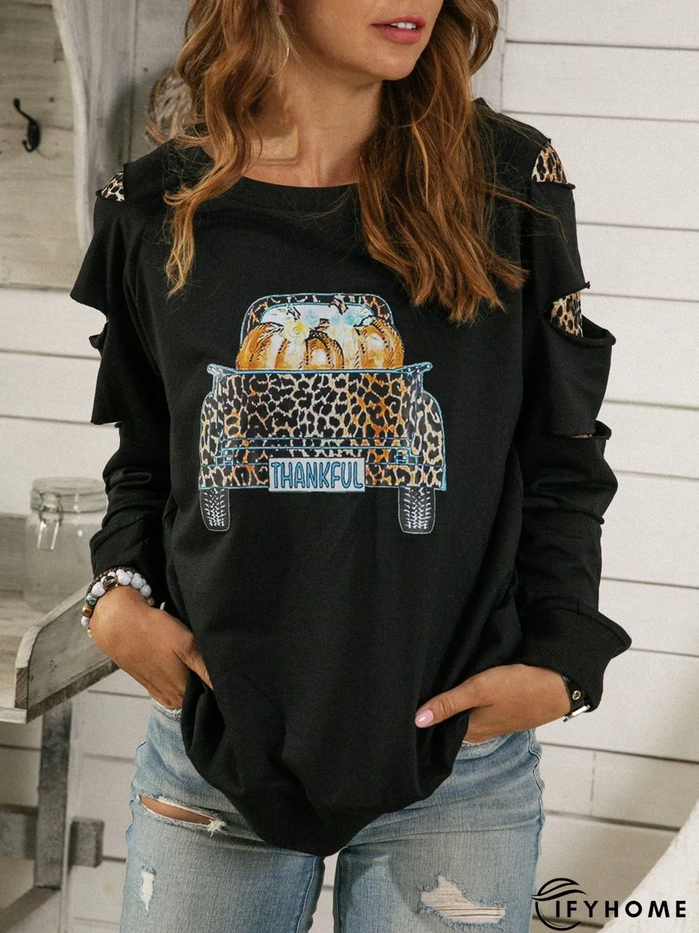 Cotton-Blend Crew Neck Long Sleeve Sweatshirt | IFYHOME