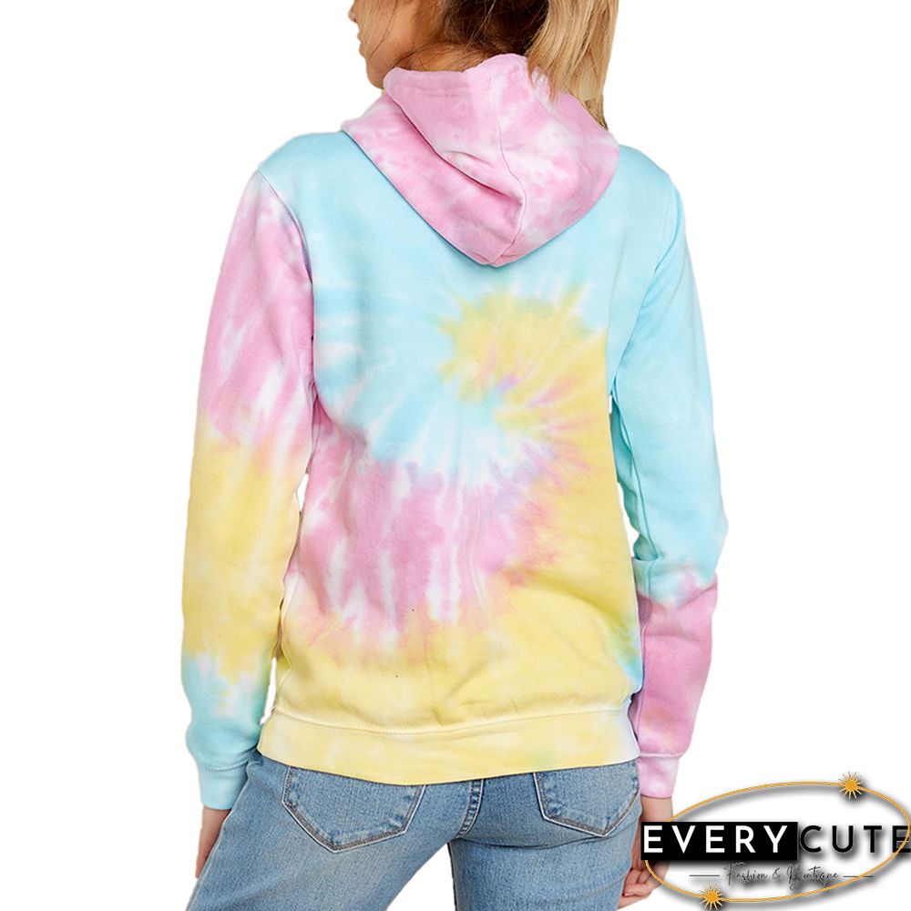 Light Blue Tie Dye Print Drawstring Hoodie