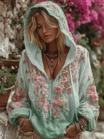 Classic Bohemian Style Pink Rose Vintage V-neck Hoodie - Image 6