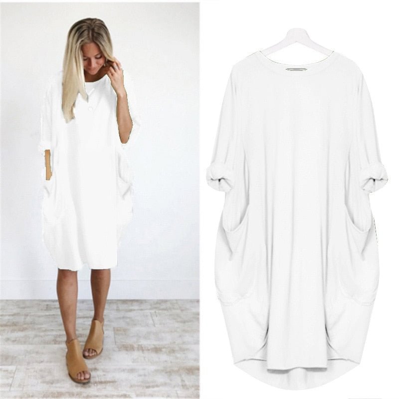Autumn Solid Color Dress Women 2021 Fahsion Pocket O Neck Long Sleeve Loose Vintage Dresses Female Plus Size Casual Midi Dress