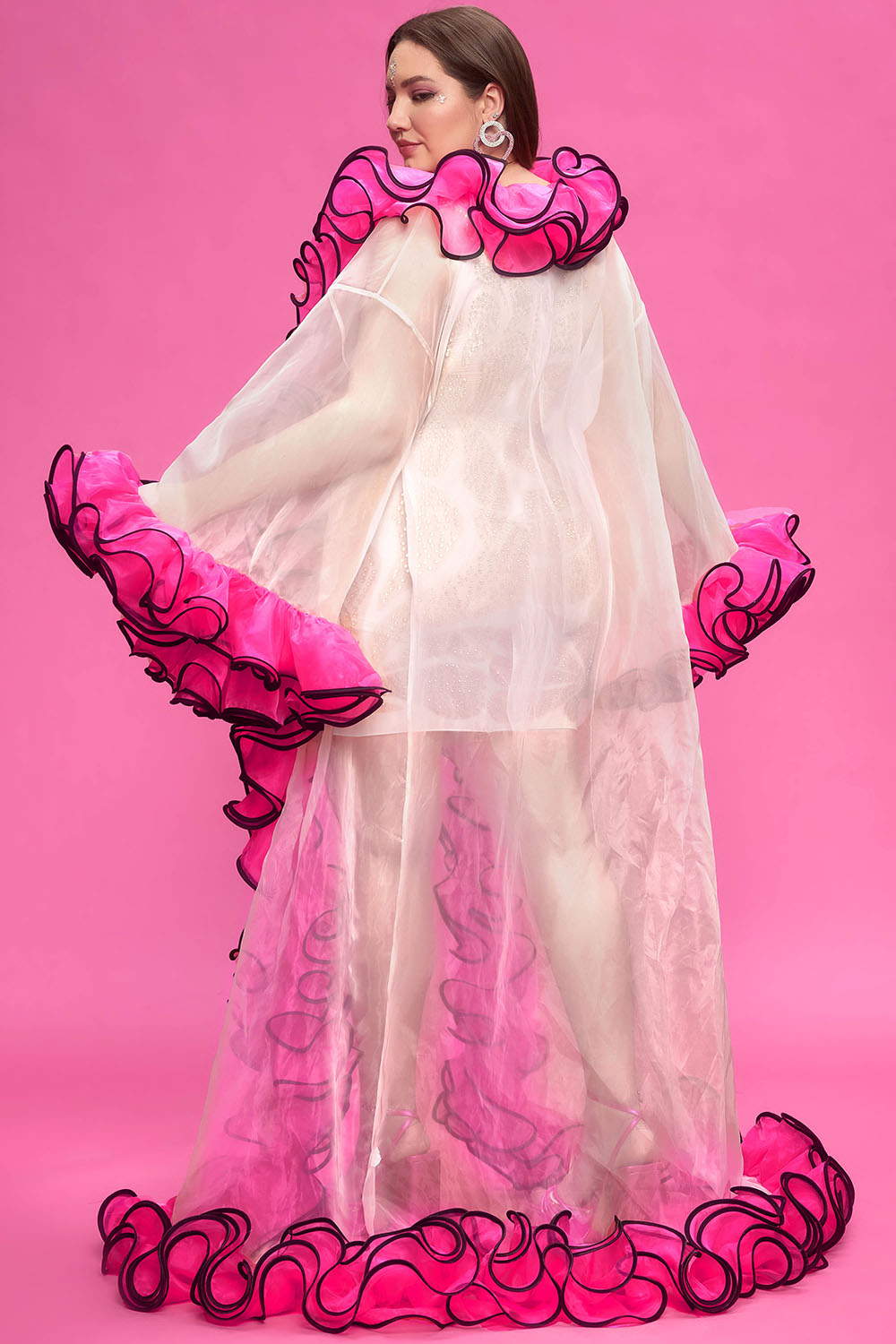 Design Plus Size Party Pink Spring Summer Flare Long Sleeve Flounce Organza Cardigans [Pre-Order]