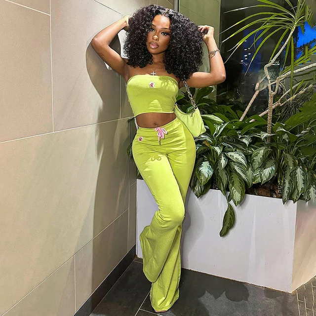 Ins Fashion Embroidered Flower Tube Top High Waist Casual Drawstring Pant Two-Piece Set 2024 Spring – Floral Embroidered Tube Top and High Waist Drawstring Pants Set