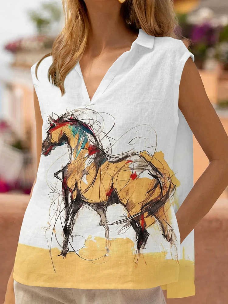 Horse Art Print Cotton And Linen Top