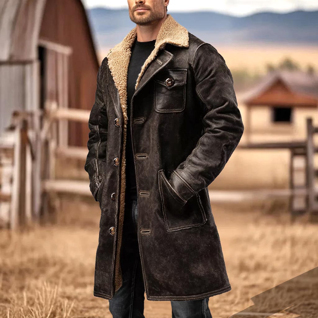 Men's Vintage Dark Brown Suede Leather Faux Fur Jacket Shearling Coat - Helixace