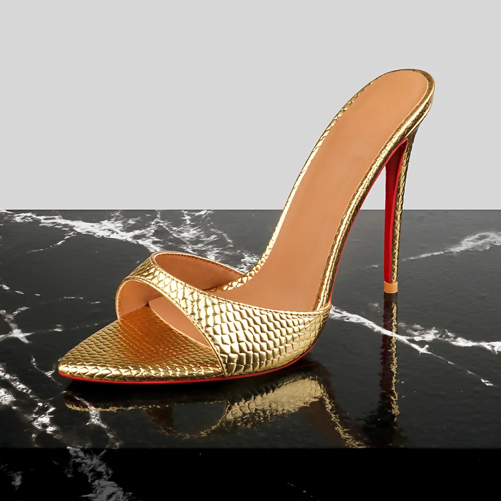 120mm/4.72 Inch Women's Sandals Pointed Toe Gold Snakeskin Mules High Heels Slip on Red Bottom Party Stilettos