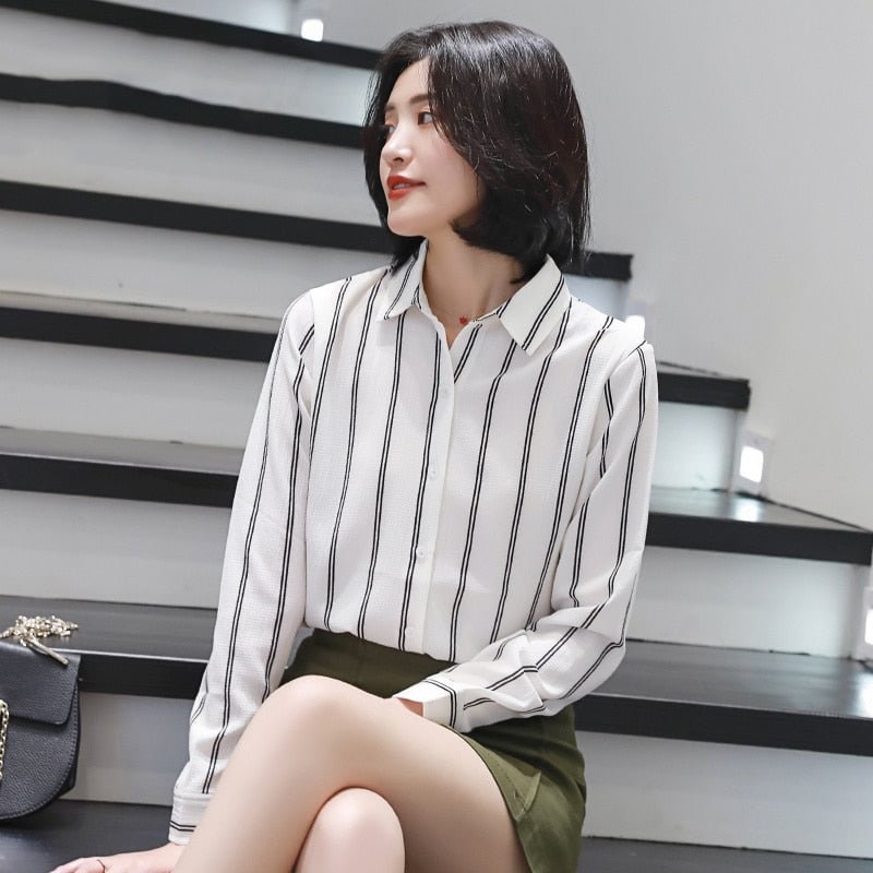 2021 New Brand Women Chiffon Shirt and Tops Woman Casual Fine Striped Long Sleeve Blouse Lady Office White Shirts Clothes