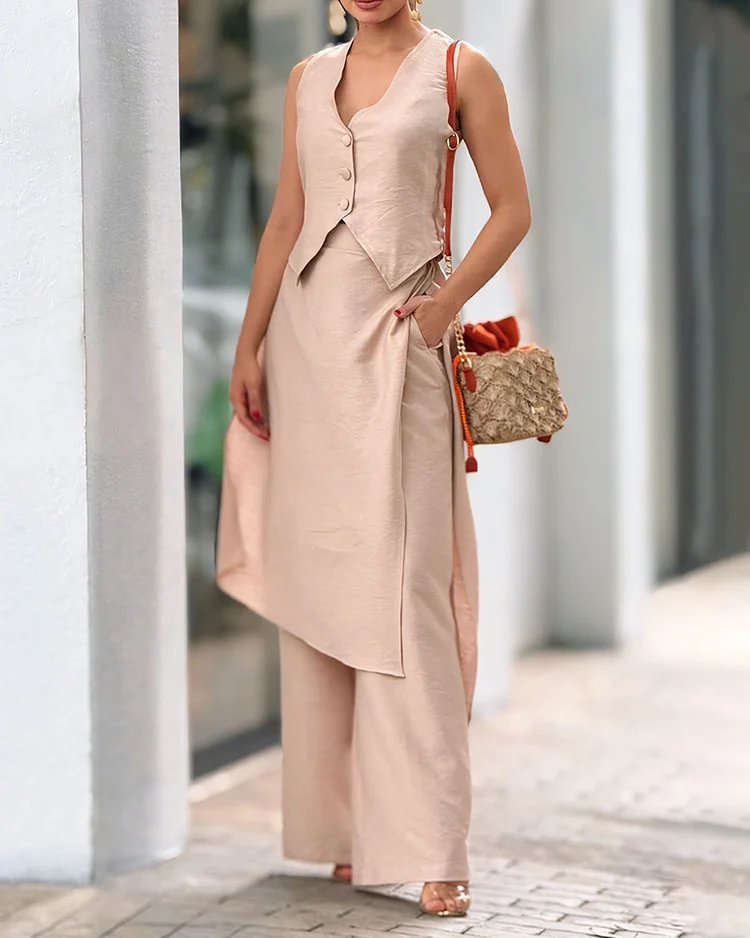 Women's solid color vest and trousers casual suit