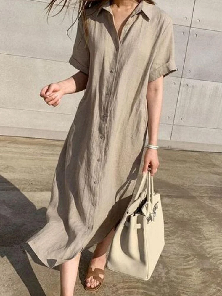 Women's Simple Tie Waist Short Sleeve Cotton And Linen Shirt Dress