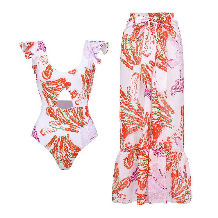 Morisly Ruffle Cutout Backless Printed Sexy One Piece Swimsuit and Sarong