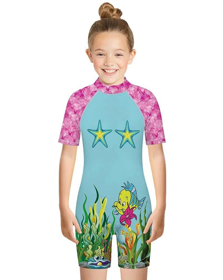 Flounder Little Mermaid Print Girls Boys One Piece Rash Guard Swimwear-Mayoulove