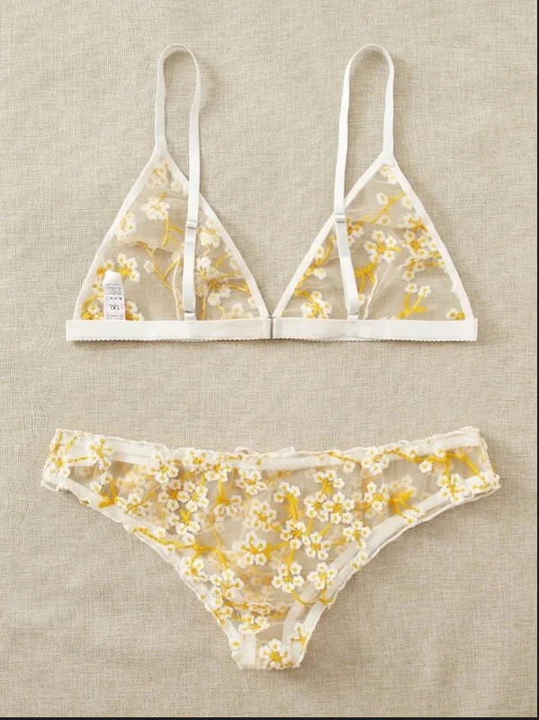 Uveng Sex Lingerie Sexy Girl Yellow Small Broken Flower Bikini Three-Point Set