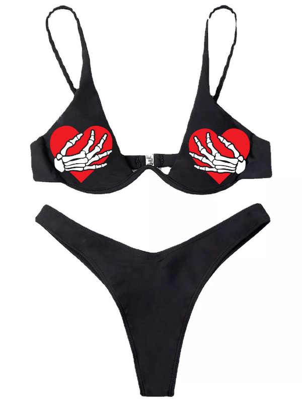 Skull Heart Printed Push Up String High Cut Triangle Bottom Two-piece Bikini Sets