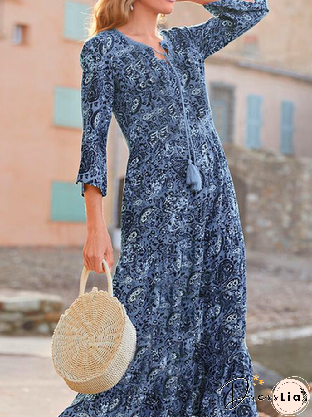 Casual Ethnic Autumn V neck Natural Micro-Elasticity Daily Long Regular Dresses for Women