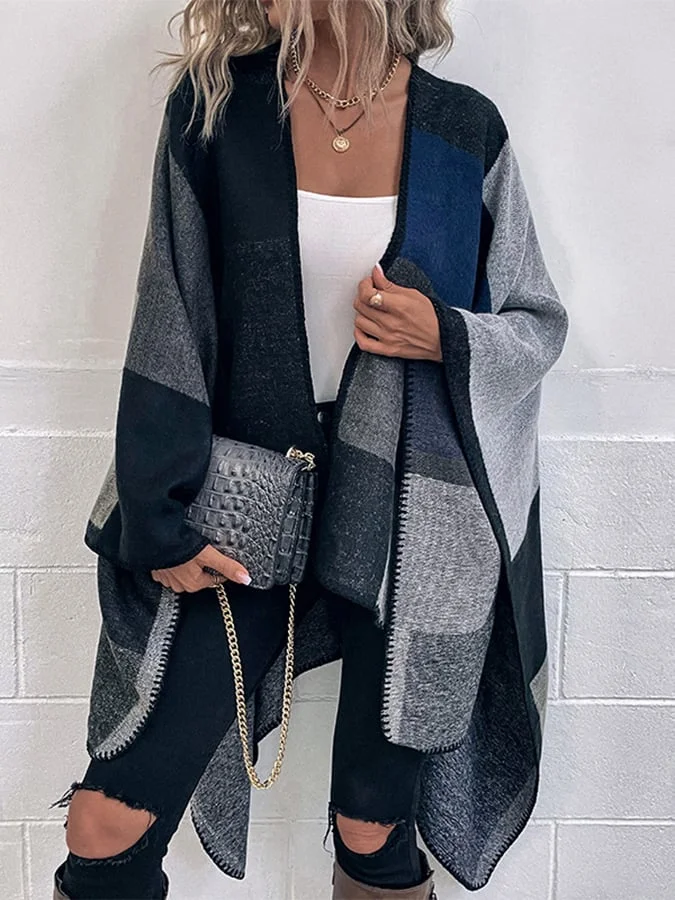 Women's Fall Winter Lazy Stylish Contrast Plaid Tassel Knit Shawl