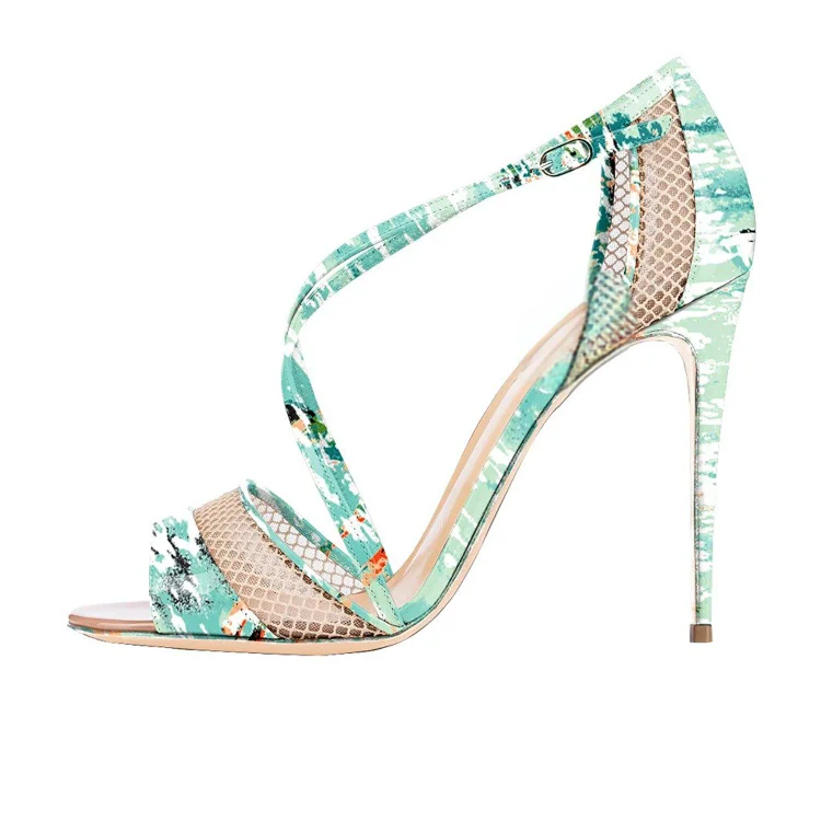 Floral Heels Mesh Cross-over Strap Open Toe Stiletto Heel Sandals Vdcoo