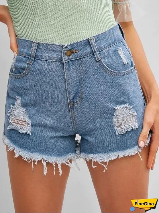 Frayed Hem Ripped Denim Cutoff Shorts