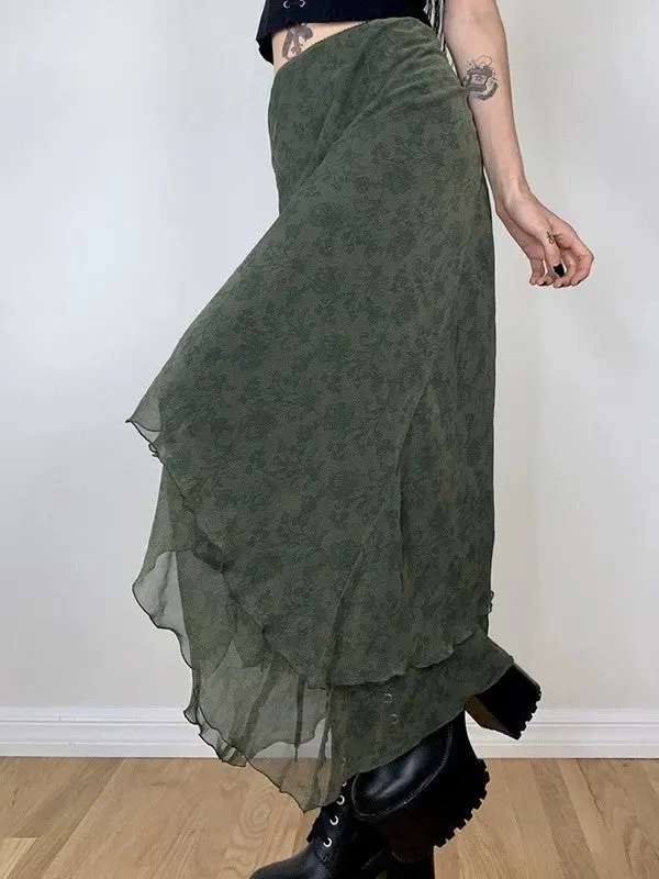 Brownm vintage asymmetrical midi skirt with floral pattern and ruffles
