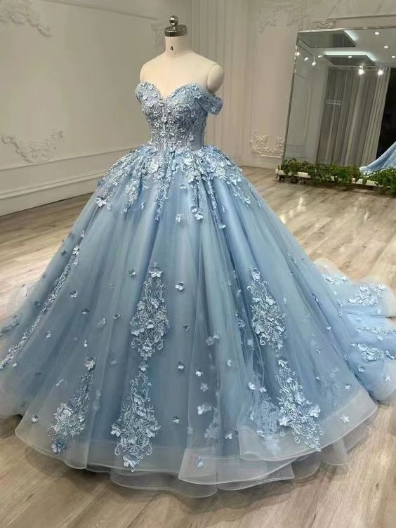 blue salsa dress Sky Blue Pearl Lace Sweetheart Strapless A-line Prom Pageant Dresses main image 0