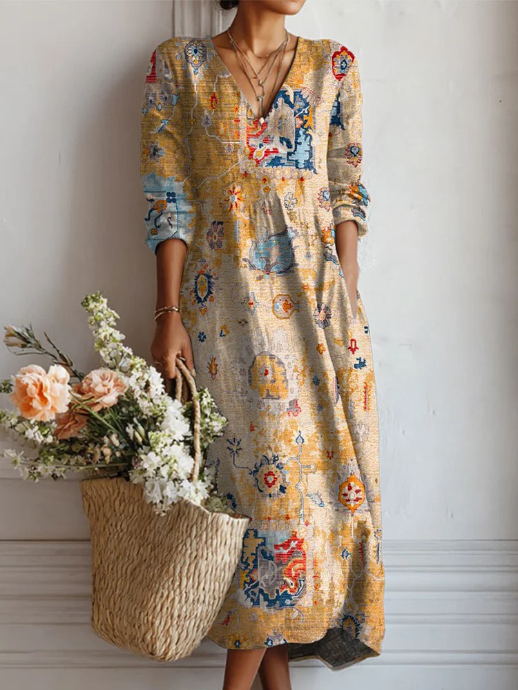 Women's Vintage Flower Art Print Linen Pocket Tunic Dress